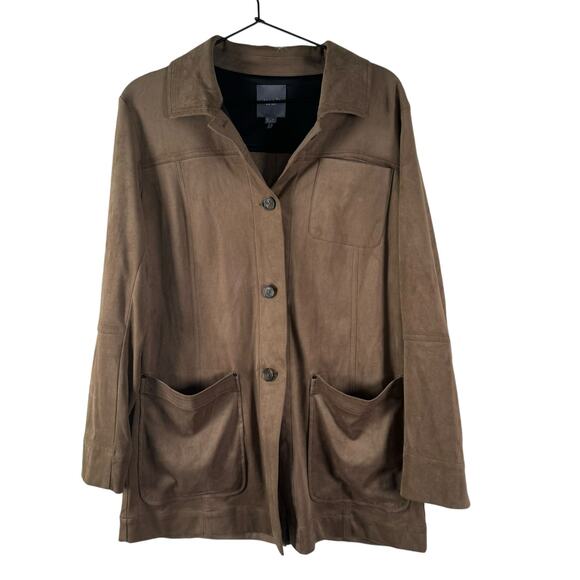 Lysse Abigail Vegan Suede Button Down Vegan Suede Jacket 4 Way Stretch Brown M - Picture 1 of 7